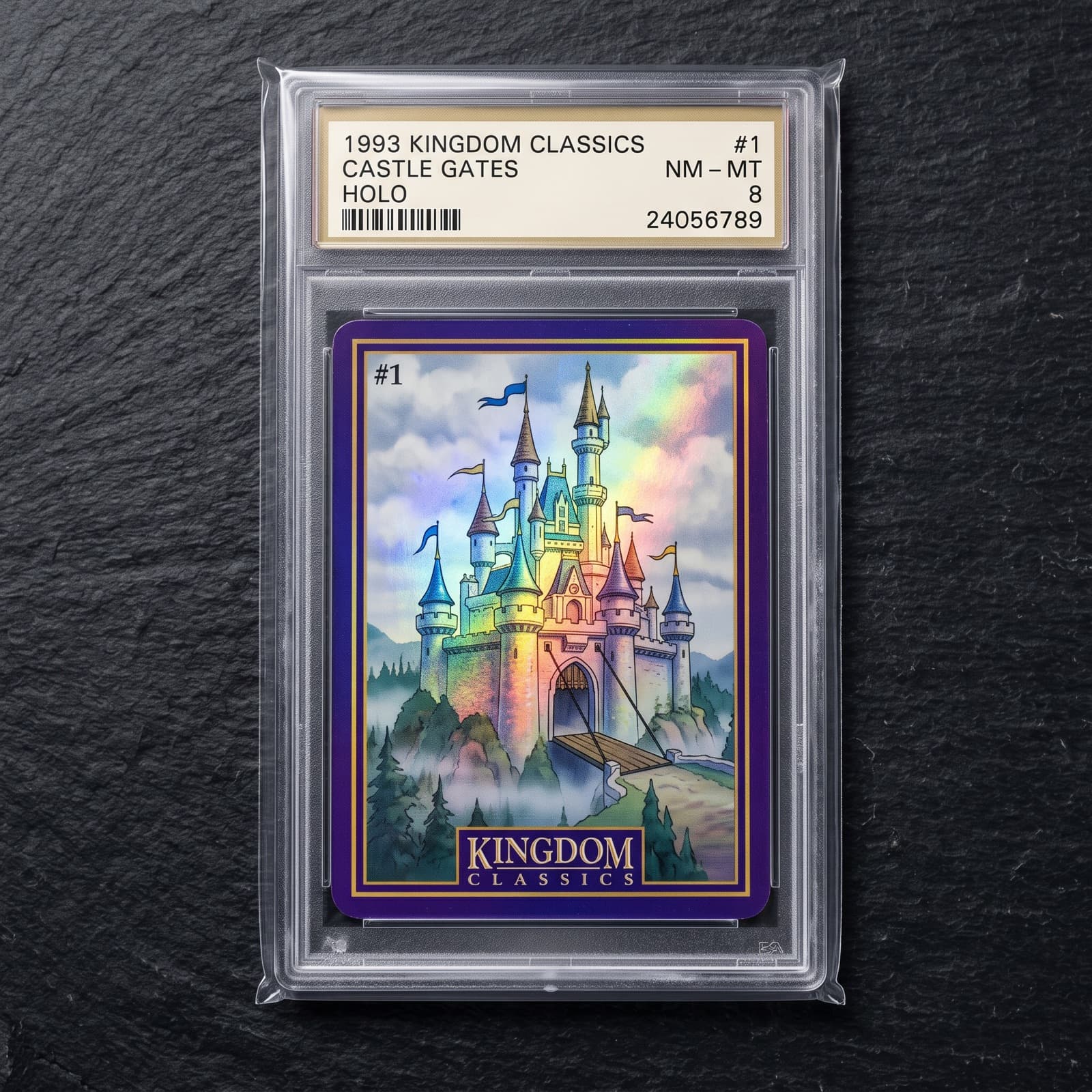 1993 Kingdom Classics #1 — Castle Gates Holo — graded PSA 8