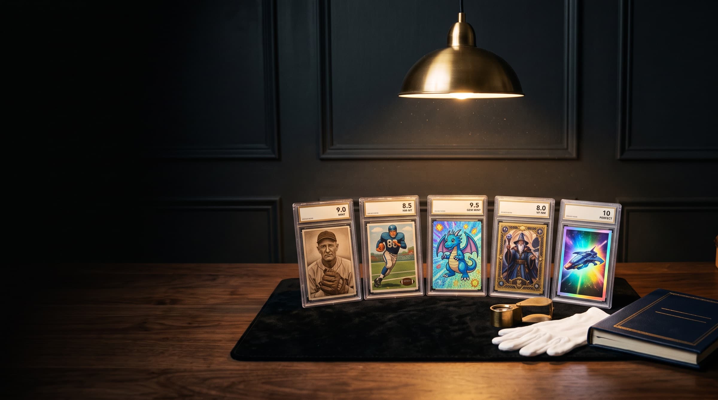 Graded trading cards in acrylic holders laid out on a dealer's desk under a warm lamp
