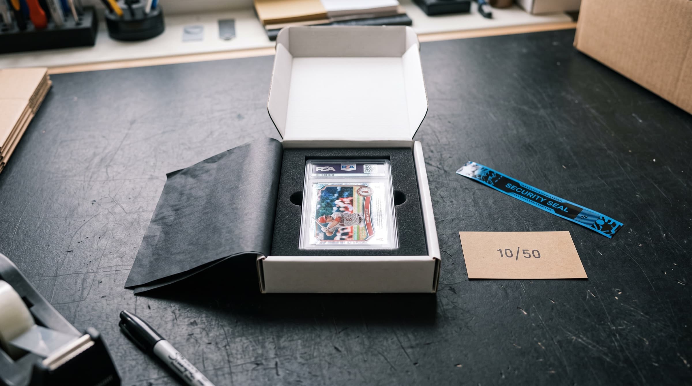 A graded card nested in foam inside a rigid shipping box
